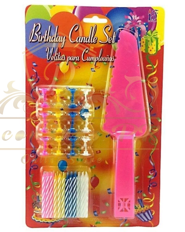 Birthday Candles Set with Holders & Cake Knife - Multicolor