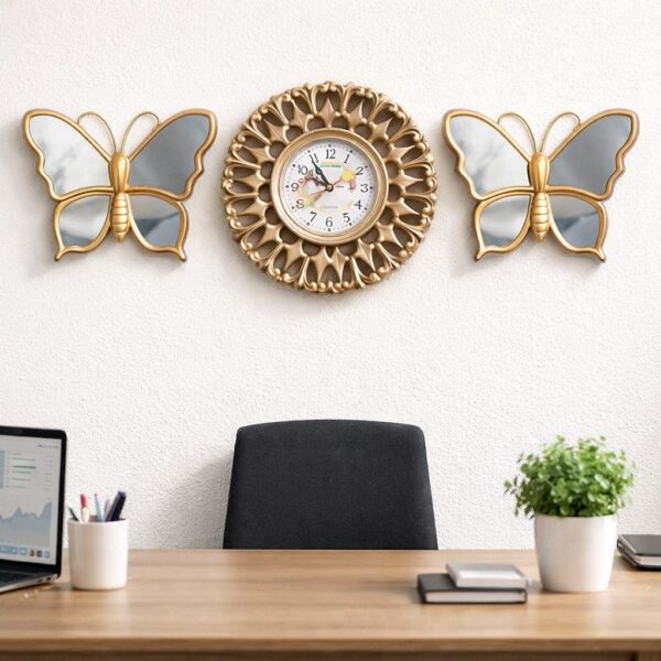 Golden Monarch 3-Piece Wall Clock & Mirror Butterfly Set
