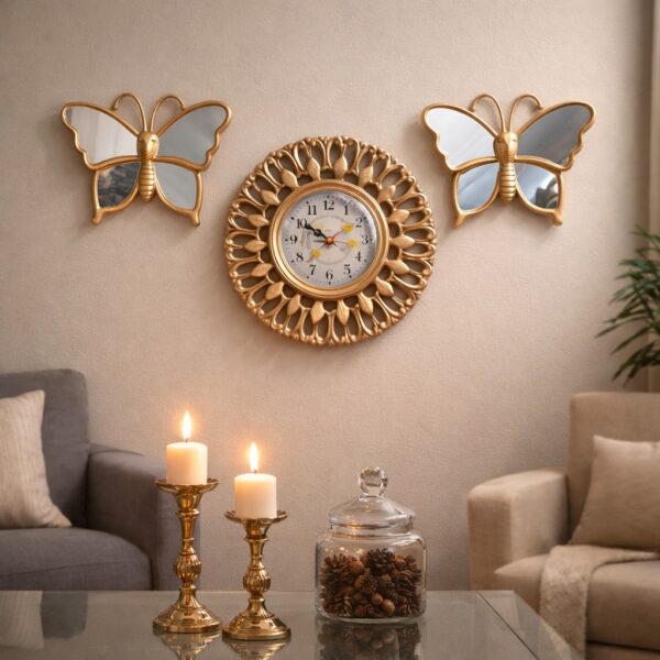 Golden Monarch 3-Piece Wall Clock & Mirror Butterfly Set