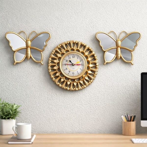 Golden Monarch 3-Piece Wall Clock & Mirror Butterfly Set